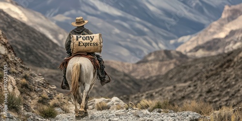 A rider in historical attire on horseback, carrying a mailbag that reads 
