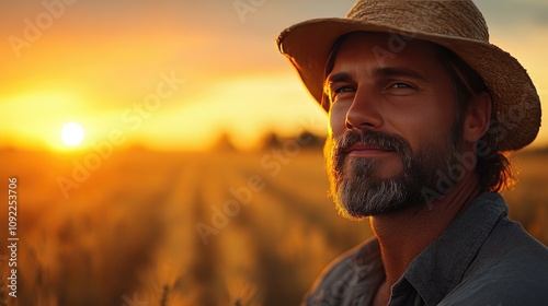 Man with Beard in Straw Hat at Sunset in Field