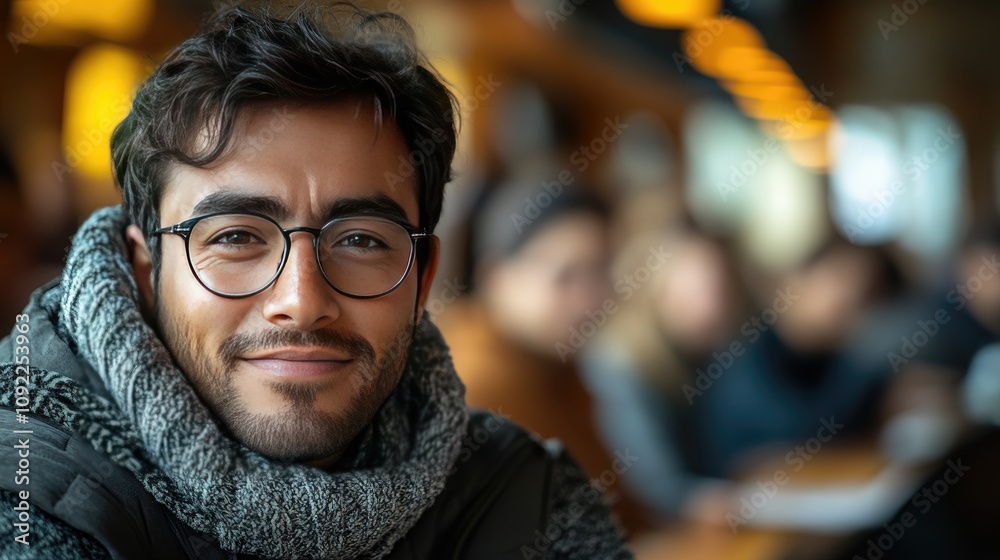 Fototapeta premium Young Man Wearing Glasses Smiles Gently In Cafe