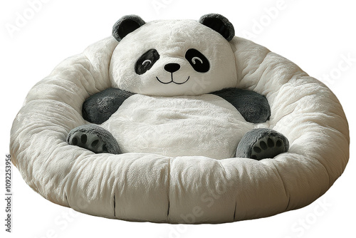 Adorable white and black panda-shaped plush lounge chair with cozy padding.