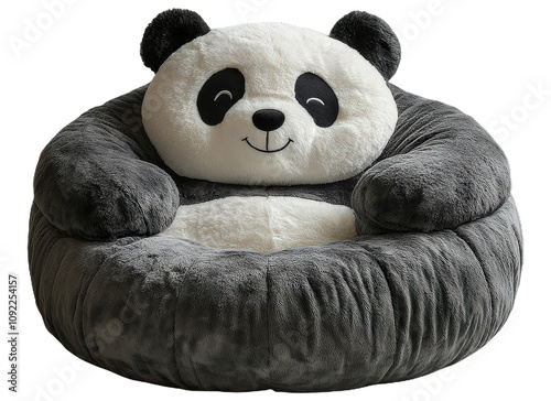 Soft gray and white panda-shaped plush bean bag chair with a cute smile.