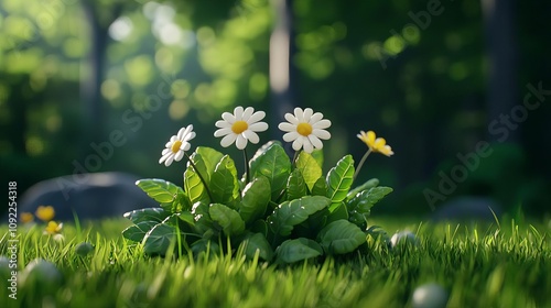 A vibrant cluster of daisies blossoms amid lush green grass, illuminated by soft sunlight in a serene forest setting, symbolizing nature's beauty. photo