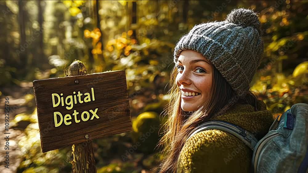 Serene woman embraces digital detox in autumn forest