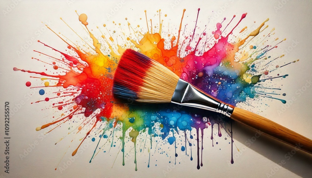 Obraz premium A close-up of a paintbrush placed over a dynamic splash of multicolored paint, symbolizing creativity and artistic expression.