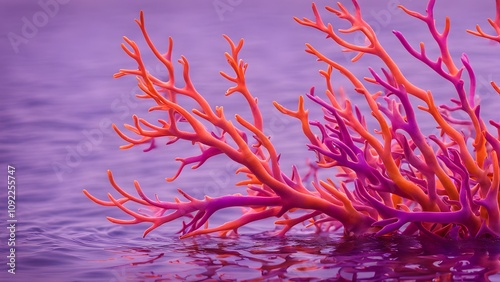 A close-up of coral branches in vivid pink purple and orange hues swaying gently in clear ocean, Ai Generated photo