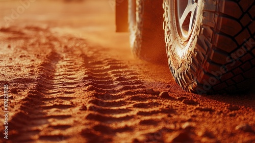 Close-up of a dusty 4WD tire on red sand, showcasing detailed track marks and warm golden hues in soft lighting. photo