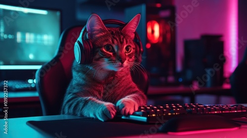 Cute cat gamer with a headset