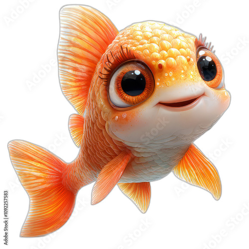 cute, cartoon style goldfish with big eyes and vibrant orange scales, swimming happily. Its cheerful expression adds playful touch to image