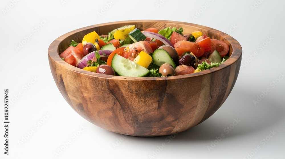 A rustic wooden bowl brimming with a colorful vegetable salad, showcasing fresh tomatoes, cucumbers, lettuce, onions, olives, and bell peppers against a pristine white background. A rustic wooden bowl brimming with a colorful vegetable salad, showcasing fresh tomatoes, cucumbers, lettuce, onions, olives, and bell peppers against a pristine white background.