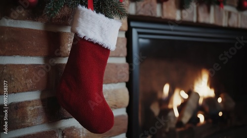 Red Christmas stocking hanging by a cozy brick fireplace, capturing the warm spirit of the holiday season with festive decorations and a glowing fire. photo