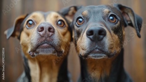 Close-up portrait of two affectionate dogs with expressive eyes, showcasing their curiosity and charm against a warm, blurred background. photo