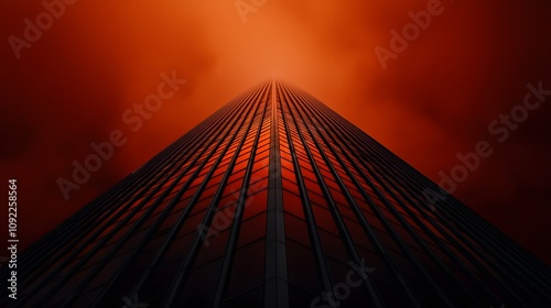 Dramatic View of a High-Rise Building Against a Fiery Orange Sky Reflecting on Glass Facade. Net Zero Energy Concept