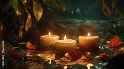 Candles glow softly in a serene setting, surrounded by vibrant leaves and still water, evoking a mystical ambiance perfect for fortune telling and divination. photo