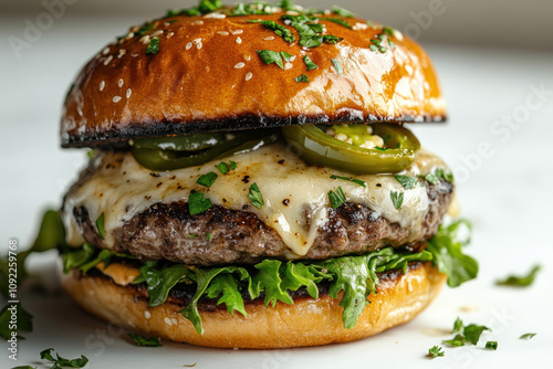 Juicy hamburger with melted cheese, tangy pickles, and fresh onions on a sesame seed bun, set against a rustic wooden table.