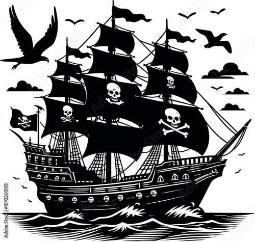 Pirate Ship - Vector Black Silhouette Cricut Design for T-Shirt