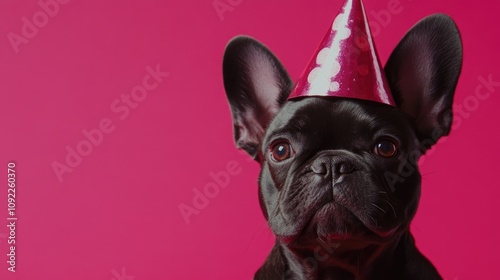 Wallpaper Mural Black French Bulldog in a shiny party hat, showcasing a charming expression against a vibrant pink background, perfect for festive celebrations. Torontodigital.ca