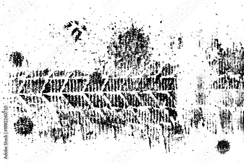 Mud tire tracking. Dirt track from the car wheel protector. Tire mark silhouette. Grunge overlay texture. Abstract black pattern. Vector illustration, EPS 10.