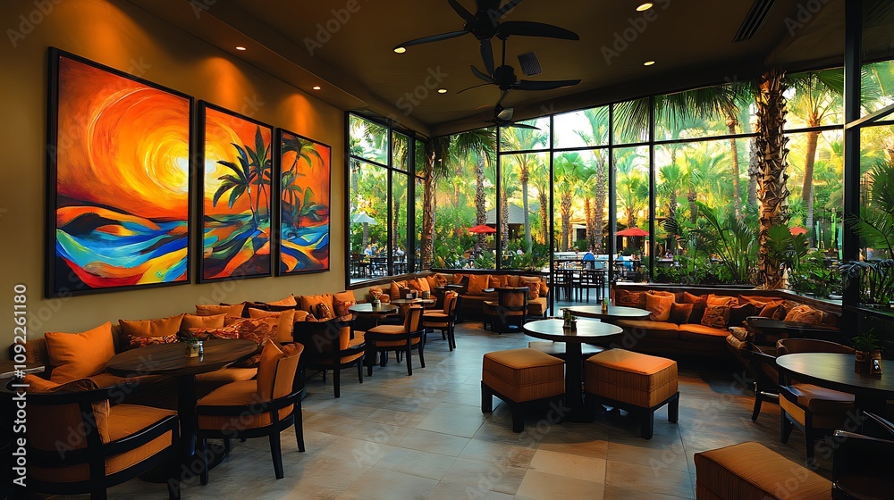 Fototapeta premium Vibrant Chic Cafe Interior with Colorful Art, Cozy Seating, and Lush Hanging Vines Creating a Relaxing Atmosphere in a Bright and Inviting Space