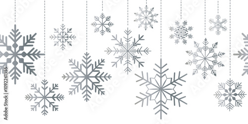 Silver seamless garland of snowflakes on white background. Christmas background. Vector illustration.