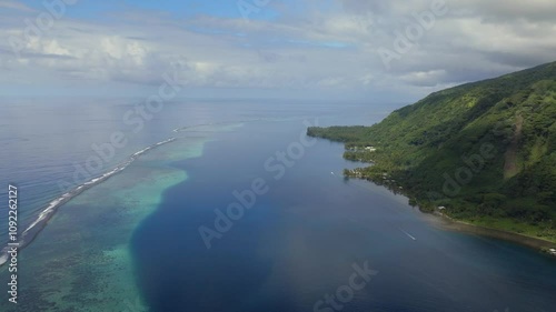 Tautira Bay North Shore Tahiti island French Polynesia aerial drone Vallee de Teahupoo Taiarapu Papara Tavera Vaitepiha River village farmland coral reef coastline South Pacific Ocean circle left photo