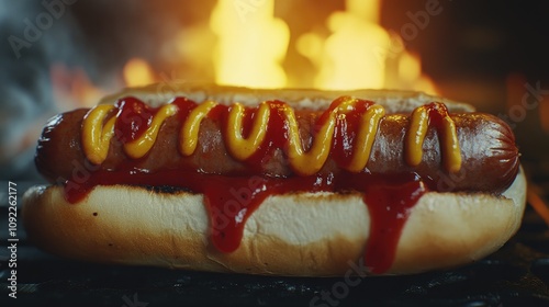 Grilled hotdog served in a soft bun, generously topped with ketchup and mustard, against a backdrop of glowing flames for a savory sports snack experience. photo