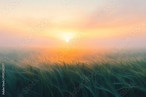 Grass field with setting sun.