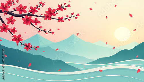 Peaceful Spring Landscape:  A serene vista of a blossoming cherry tree branch, mountains, and a river, bathed in the soft glow of a rising sun, evokes a sense of tranquility and renewal.