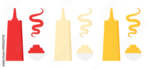 Set of cartoon sauce condiments bottle and cup flat illustration