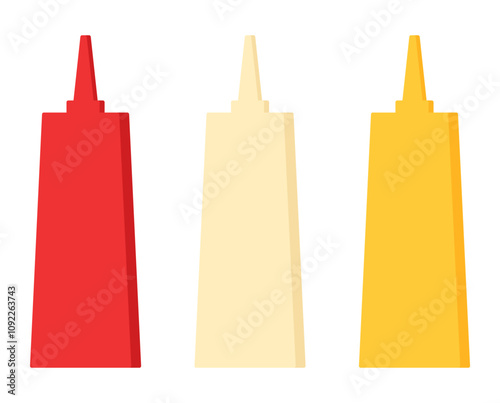 Bottles of sauce ketchup mayonnaise and mustard flat illustration