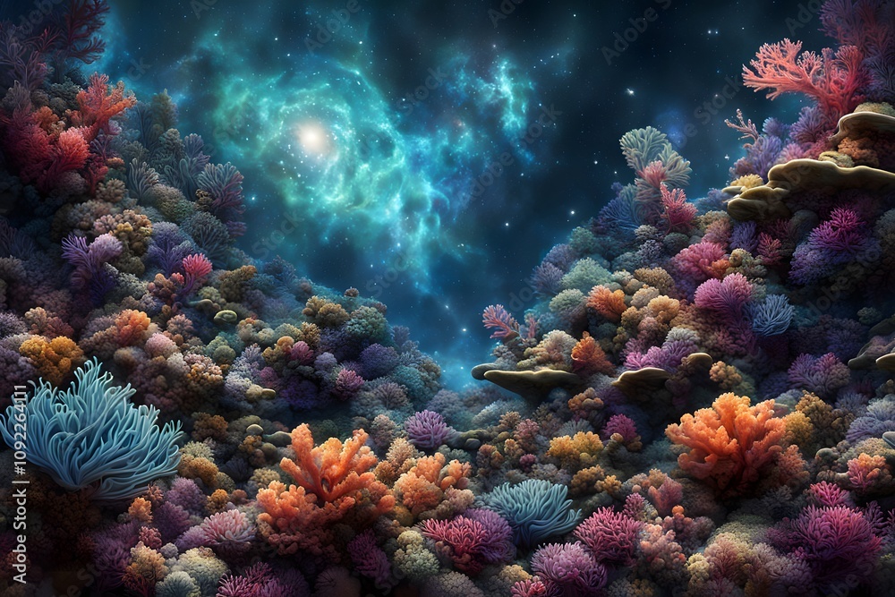 Fototapeta premium A cosmic reef where coral and seaweed are infused with galactic colors and star like patterns, Ai Generated