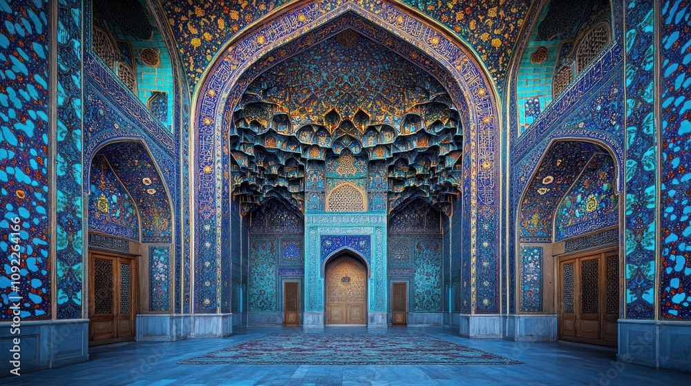 Fototapeta premium Ornate turquoise and gold mosaic mosque interior.