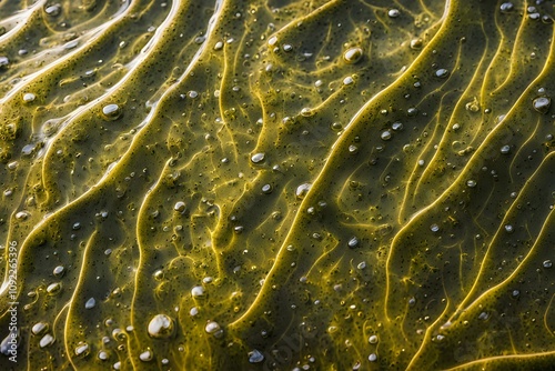 A detailed view of seaweed patterns with water droplets glistening under sunlight, Ai Generated photo