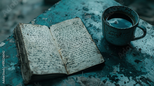 Open Journal with Handwritten Pages and a Cup of Coffee Resting on a Weathered Table Highlighting Moments of Reflection and Creativity photo