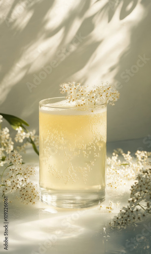 Delicate Elderflower Soda, Elegantly Presented in a Photorealistic Photograph