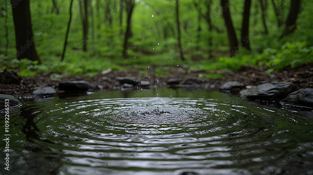 Fototapeta premium Serene Pond Nestled in Moss-Covered Clearing Surrounded by Lush Green Forest, Offering Tranquility and Natural Beauty for Reflection and Peaceful Escape