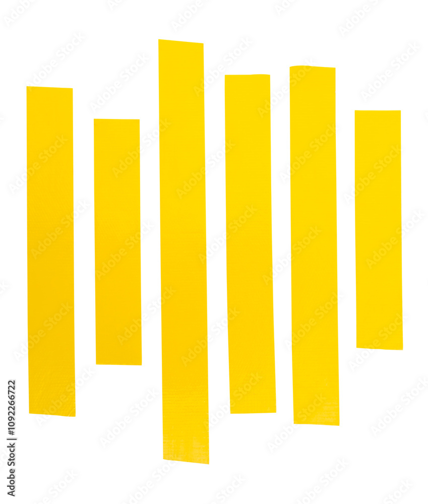 Obraz premium Top view set of yellow adhesive vinyl tape or cloth tape in stripes shape in straight lines isolated on white background with clipping path