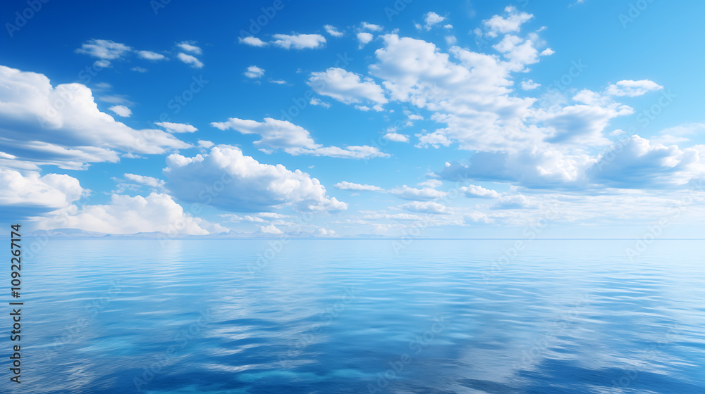 Naklejka premium sky over calm sea. Blue sea and sunny sky on horizon over calm water
