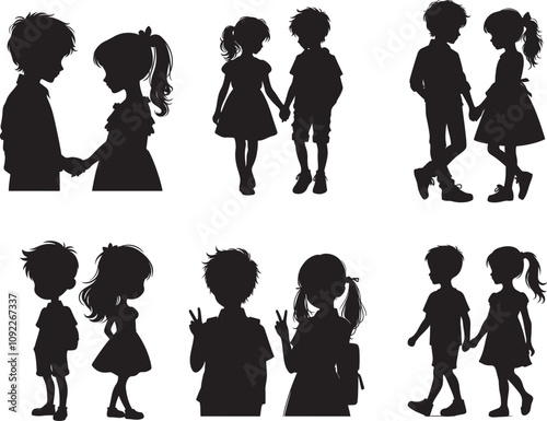 Brother and little sister holding hands walking silhouette vector set on transparent background 