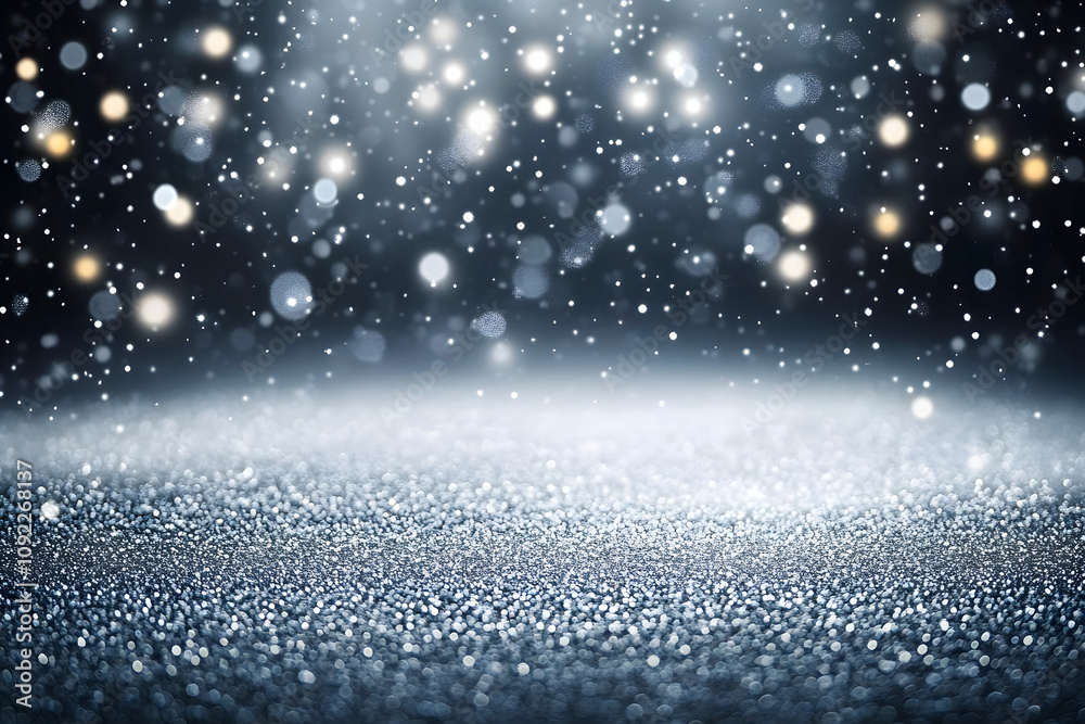 Abstract glittery background with bokeh lights and falling snow on a dark silver floor. This background is suitable for product displays, parties, or festive greeting card designs. Abstract glittery background with bokeh lights and falling snow on a dark silver floor. This background is suitable for product displays, parties, or festive greeting card designs.