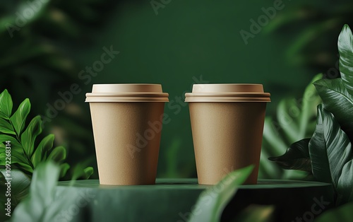 Ecofriendly paper coffee cups with a minimalist design on a lush green backdrop, ideal for promotional mockups and sustainabilityfocused branding photo