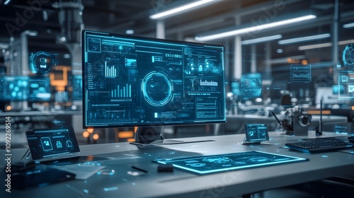 Wallpaper Mural A workspace with 3D holographic product concepts displayed and 2D glowing pathways mapping their development. 4k resolution, Cinematic Scene Torontodigital.ca