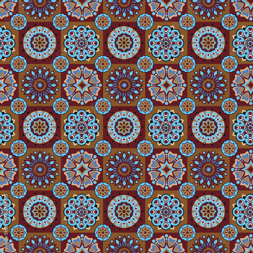 Decorative flowers blue and brown color seamless pattern.