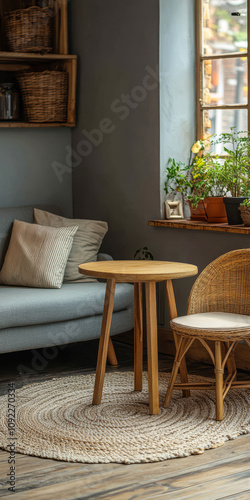 Cozy corner with a round table and natural decor in a modern interior setting