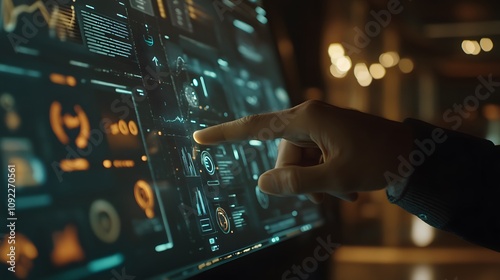 A corporate strategist pointing at a 3D holographic timeline of goals with 2D indicators of progress milestones. 4k resolution, Cinematic Scene