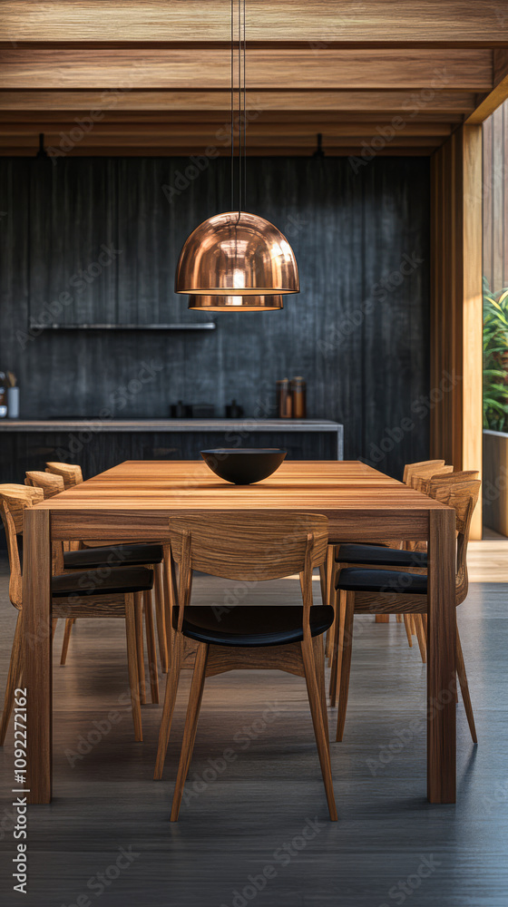 Elegant wooden dining room with modern design and warm lighting in a ...