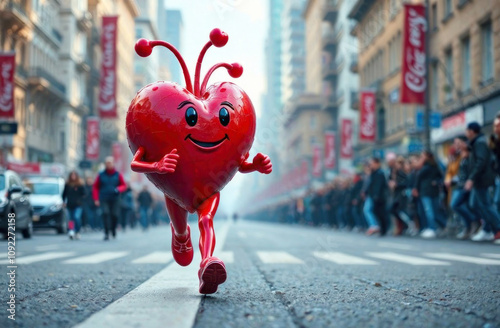 A joyful heart character runs energetically along a bustling street filled with festival-goers and decorations photo