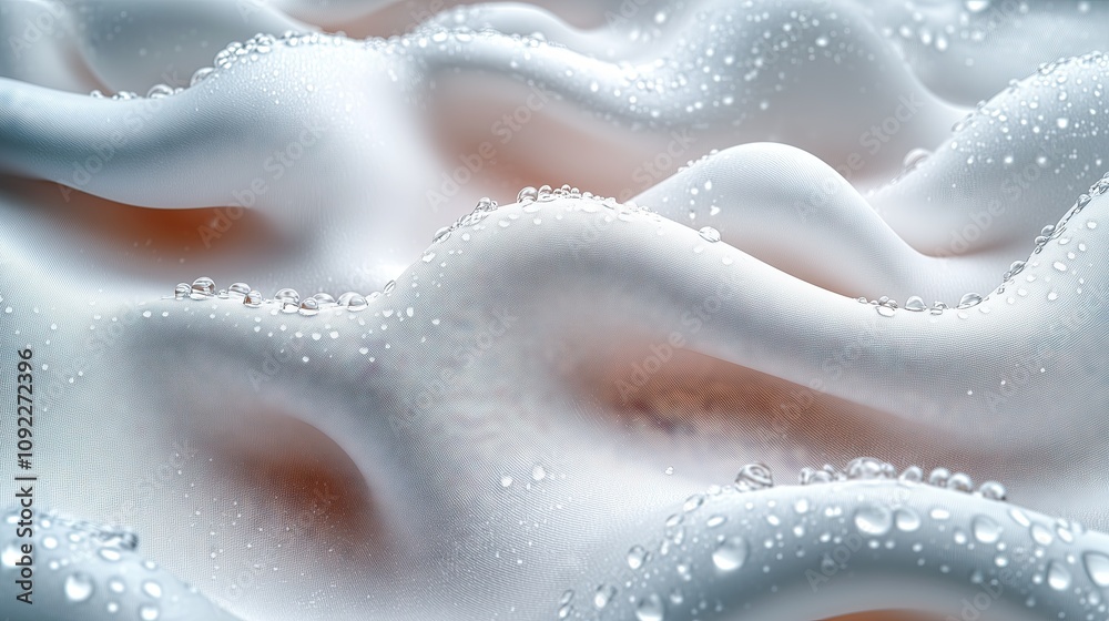 Obraz premium Water droplets flowing through a layer of white fabric fibers. Adsorption technology. Close-up view. Soft texture. Suitable for diapers and sanitary products.