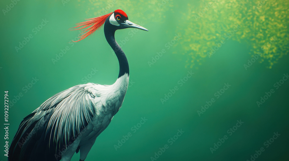 Fototapeta premium Stunning Animated Crane Bird with Lifelike Feathers Set Against a Serene Background, Perfect for Nature and Wildlife Themes in Artistic Designs
