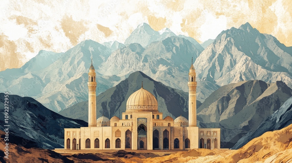 Fototapeta premium Majestic mosque nestled in a mountainous landscape.
