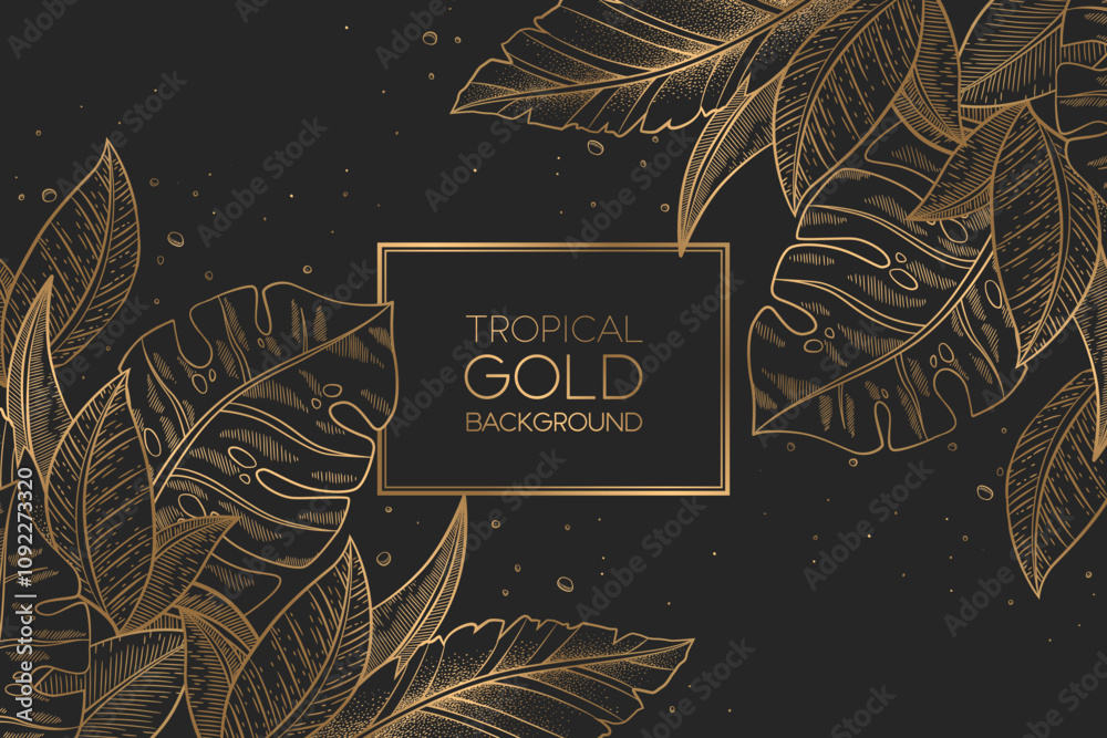 Vector illustration with gold trendy exotic palm and monstera leaves isolated on black background. Elegant luxury design template for card print, wallpaper, wedding invitation